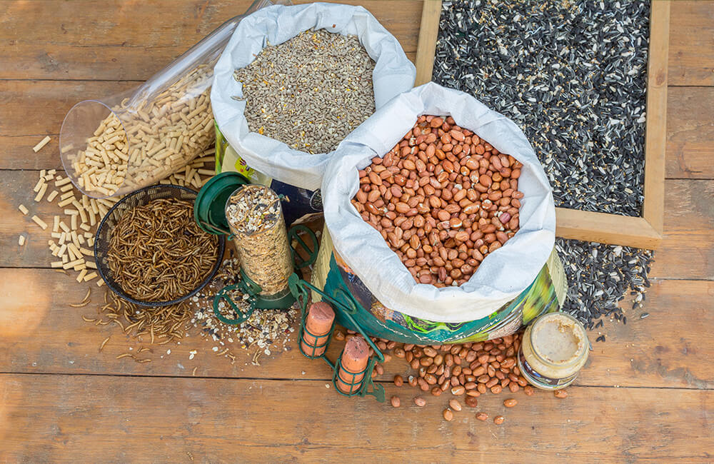 A variety of bird foods, including peanuts, sunflower hearts, mealworms and seed mixes.